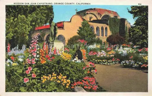 AK / Ansichtskarte San Juan Capistrano Mission-San-Juan-Capistrano Missionskirche Blumengarten Statue Moenche Franziskaner Orange-County