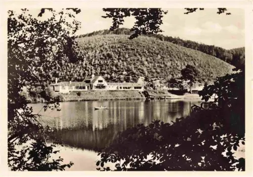 AK / Ansichtskarte Ramsen Pfalz Donnersbergkreis Rheinland-Pfalz Eiswoog See Gasthof-Forelle Wald Huegel Boot Gaststaette