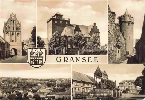AK / Ansichtskarte Gransee Oberhavel Brandenburg Stadttor Schloss Turm Stadtmauer Panorama Wappen Gedenkmal