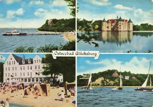 AK / Ansichtskarte Gluecksburg  Ostseebad Flensburg Schleswig-Holstein Bucht Schloss Kurhotel Segelsport Dampfer Steg Ostsee Segelboote