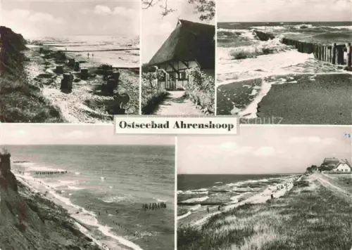 AK / Ansichtskarte Ahrenshoop Ostseebad Strand Ostsee Reetdachhaus Steilkueste Strandkoerbe Wellenbrecher