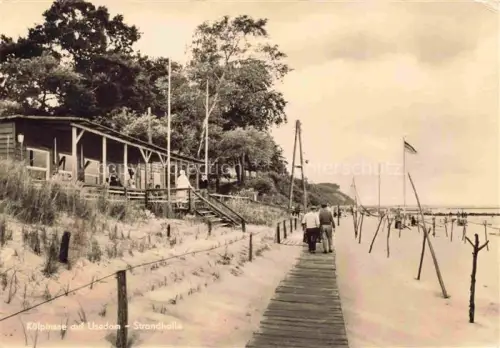 AK / Ansichtskarte Koelpinsee Loddin Usedom Mecklenburg-Vorpommern Strandhalle Strand Bohlenweg Badegaeste Baeume Ostsee Fahnen Strandkoerbe
