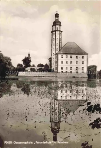 AK / Ansichtskarte Reinharz Duebener Heide Bad Schmiedeberg Sachsen-Anhalt Schloss-Reinharz FDGB-Genesungsheim-Freundschaft Wassergraben Spiegelung Kirche