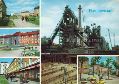 AK / Ansichtskarte Eisenhuettenstadt Stahlwerk Hochofen Wohnblocks Plattenbau Geschaeftszeile Kran Schienen
