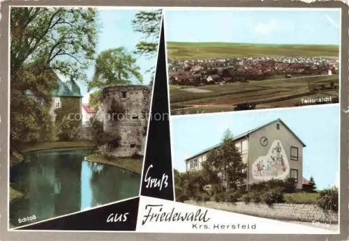 AK / Ansichtskarte Friedewald Hersfeld Hessen Schloss Wassergraben Turm Teilansicht Schule Wandbild Mehrbildkarte