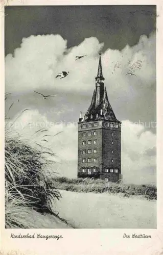 AK / Ansichtskarte WANGEROOGE Wangeroog Nordseebad Westturm Backsteinturm Duenen Strandgras Moewen Wolken Turm