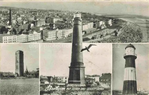 AK / Ansichtskarte BORKUM Nordseebad Niedersachsen Leuchtturm Alter-Leuchtturm Neuer-Leuchtturm drei-Leuchttuerme Fliegeraufnahme Stadtpanorama Strand Moewe