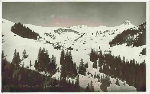 AK / Ansichtskarte Damuels Vorarlberg AT Mittagspitze Berghotel-Madlener Winterlandschaft Bregenzerwald Kirchturm Schnee Fichten