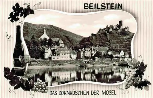 AK / Ansichtskarte Beilstein Mosel Rheinland-Pfalz Mosel Burg Weinberg Dorf Fluss Weinflasche Weinglas Weintrauben Spiegelung