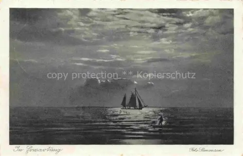 AK / Ansichtskarte Norddorf AMRUM Nordfriesland Schleswig-Holstein Nordsee Segelschiff Sonnenuntergang Abendstimmung Wattenmeer Silhouette