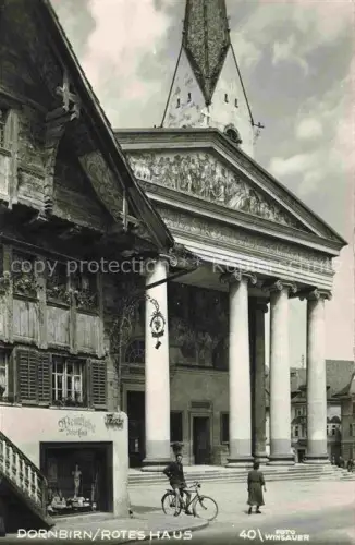 AK / Ansichtskarte Dornbirn Vorarlberg AT Rotes-Haus Rathaus Saeulenportal Fassadenmalerei Fachwerkhaus Kirchturm Fahrrad Passantin