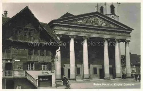 AK / Ansichtskarte Dornbirn Vorarlberg AT Rotes-Haus Kirche Marktplatz Saeulenportal Fassadenmalerei Fachwerkhaus Motorrad