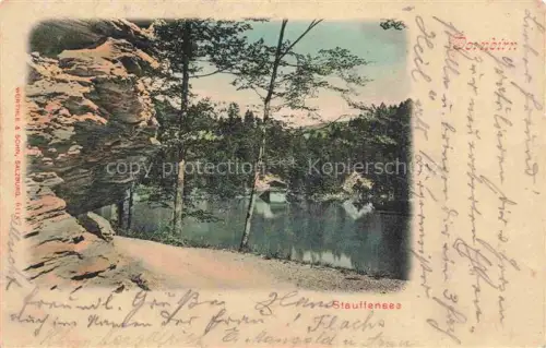 AK / Ansichtskarte Stauffensee Guetle Dornbirn Vorarlberg AT Stauffensee See Felsen Wald Baeume Spiegelung Handkoloriert