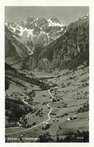 AK / Ansichtskarte Brand Vorarlberg Scesaplana Bergtal Wiese Wald Schnee Panorama Vogelperspektive Bach