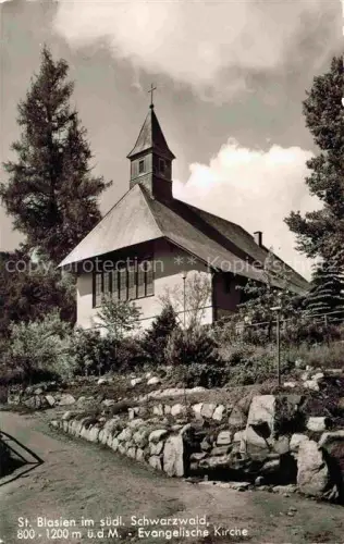 AK / Ansichtskarte ST BLASIEN BW Evangelische-Kirche Kirchturm Schwarzwald Baeume Steinmauer Nadelwald