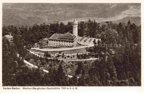 AK / Ansichtskarte Innenstadt Baden-Baden Merkur-Berghotel-Gaststaette Merkurturm Berghotel Wald Fliegeraufnahme