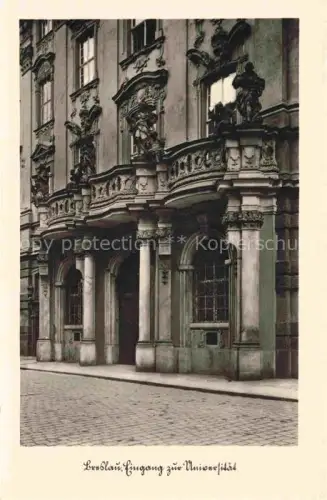 AK / Ansichtskarte WROCLAW Breslau PL Universitaet Barock Portal Skulpturen Fassade Eingang Kopfsteinpflaster