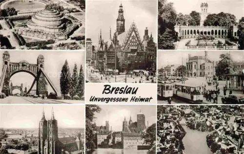 AK / Ansichtskarte Friedland Mieroszow BRESLAU PL Jahrhunderthalle Rathaus Park Bogen Strassenbahn Dom Oder Luftbild Mehrbildkarte