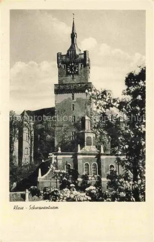 AK / Ansichtskarte Schwanenburg Kleve Bad Schwanentum Uhrenturm Kirchturm Baeume Garten Niederrhein
