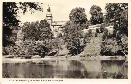 AK / Ansichtskarte Bad Berleburg NRW Schlosspark Schloss Turm Teich Baeume Wald Spiegelung