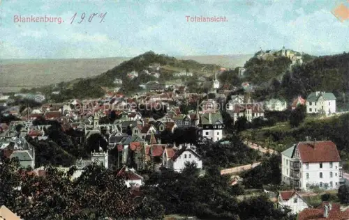 AK / Ansichtskarte Blankenburg Harz Totalansicht Stadtansicht Kirche Schloss Haeuser Berge Harz Wohngebiet