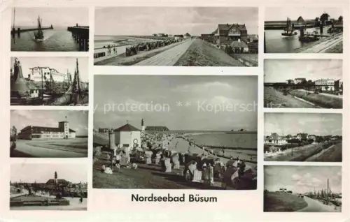 AK / Ansichtskarte BueSUM Nordseebad Schleswig-Holstein Nordseebad Hafen Strand Strandkoerbe Leuchtturm Fischerboote Promenade Kurviertel