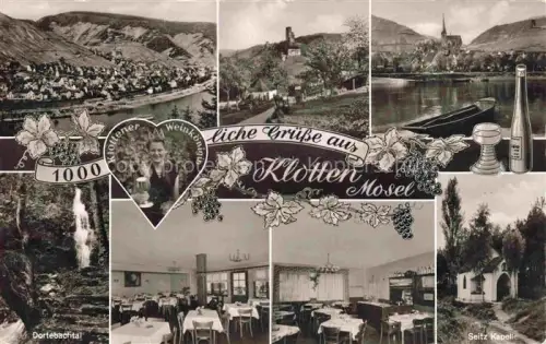 AK / Ansichtskarte Klotten Mosel Cochem-Zell Rheinland-Pfalz Mosel Weinort Dortebachtal Seitz-Kapelle Weingut Pension Weinhaus Stadtansicht Burg