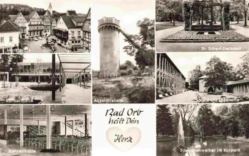 AK / Ansichtskarte BAD ORB Hessen Spessart Marktplatz Konzerthalle Aussichtsturm Schwanenweiher Kurpark Saline-Lesehalle Dr-Scherl-Denkmal