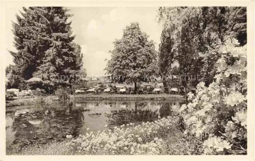 AK / Ansichtskarte Elfenborn Rinteln Waldhaus-Elfenborn Teich Park Seerose Baeume Biergarten Rhododendron Weser