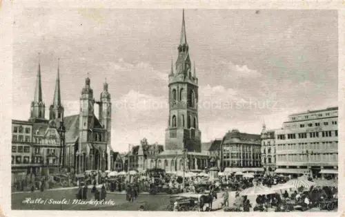 AK / Ansichtskarte HALLE  SAALE Marktplatz Marktkirche Roter-Turm Marktszene Haendler Buden Kirchturm Passanten