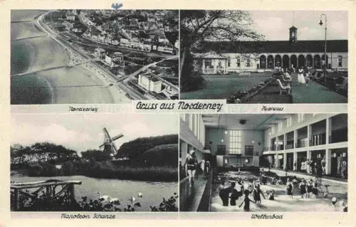 AK / Ansichtskarte NORDERNEY Nordseebad Niedersachsen Kurhaus Napoleon-Schanze Wellenbad Windmuehle Strand Luftbild Nordsee Insel