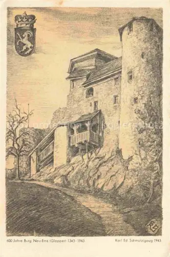 AK / Ansichtskarte Hohenems Feldkirch Vorarlberg AT Burg-Neu-Ems Glopper Zeichnung Wappen Felsen Turm Wald