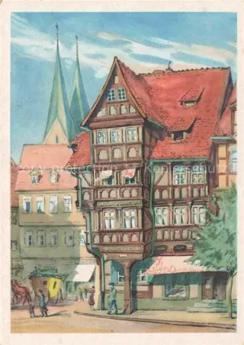 AK / Ansichtskarte Halberstadt Harz Stelzfuss Fachwerkhaus Kirchturm Marktplatz Kutsche Passanten Illustration Altstadt