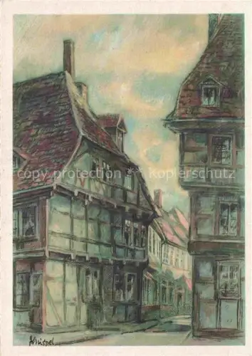 AK / Ansichtskarte Halberstadt Harz Ochsenkopfstrasse Fachwerkhaus Altstadt Gasse Illustration Strassenszene