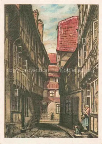 AK / Ansichtskarte Halberstadt Harz Sackgasse Sackplatz Altstadt Gasse Fachwerkhaus Illustration Frau