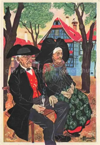 AK / Ansichtskarte Alsace Elsass Region Tracht Elsaesser-Tracht Bollenhut aelteres-Paar Fachwerk Bank Illustration Volkstracht