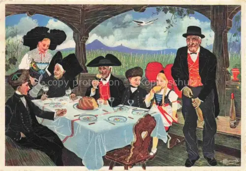 AK / Ansichtskarte Alsace Elsass Region Tracht Elsaesser-Tracht Familienmahl Kugelhof Riesling Traminer Weinberg Illustration Volkskleidung