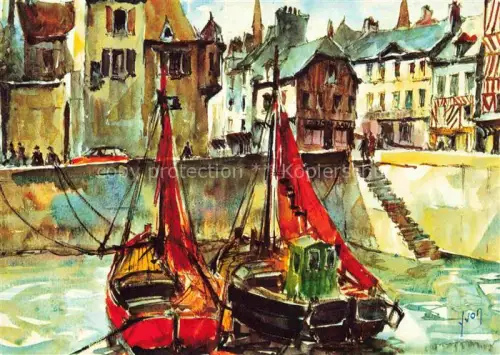 AK / Ansichtskarte HONFLEUR Lisieux 14 Calvados Hafen Fischerboote Rote-Segel Fachwerkhaeuser Aquarell Coin-du-Port Segelboote Altstadt