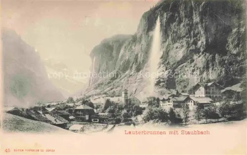 AK / Ansichtskarte Lauterbrunnen Interlaken BE Staubbachfall Dorf Kirchturm Felswaende Schlucht Hotels Baeume Handkoloriert