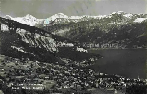 AK / Ansichtskarte Sigriswil Thunersee BE Thunersee Eiger Moench Jungfrau Dorf Wiesen Wald Kirche