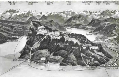 AK / Ansichtskarte Buergenstock Vierwaldstaettersee NW Buergenstock Vierwaldstaettersee Panoramakarte Weggis Vitznau Brunnen Beckenried Hotel Stans