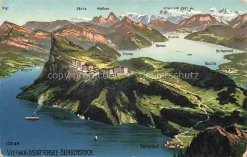 AK / Ansichtskarte Buergenstock Vierwaldstaettersee NW Vierwaldstaettersee Buergenstock Hammetschwand Weggis Vitznau Brunnen Beckenried Panorama Dampfschiff