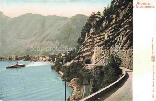 AK / Ansichtskarte Brunnen  SZ Axenstrasse Vierwaldstaettersee Dampfschiff Felsen Tunnel Strasse Hotel