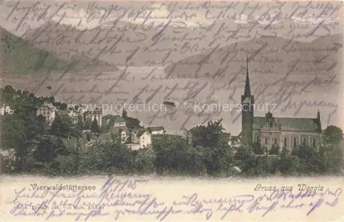 AK / Ansichtskarte Weggis Vierwaldstaettersee LU Vierwaldstaettersee Kirche Dorf Hotel-Baumen Baeume Haeuser Seeufer