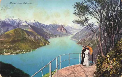 AK / Ansichtskarte Monte San Salvatore 912m LUGANO TI Monte-San-Salvatore Lago-di-Lugano Aussichtsplattform Damen Berge Alpen Panorama