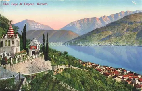 AK / Ansichtskarte Morcote Lago di Lugano TI Morcote Kirche Friedhof Zypresse Lago-di-Lugano Ortschaft Berge