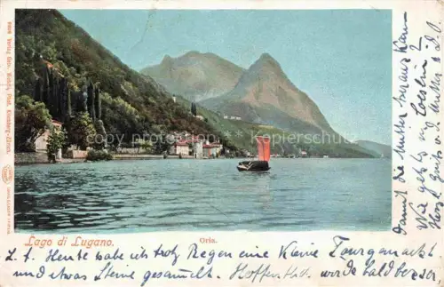 AK / Ansichtskarte Oria  Lago di Lugano TI Lago-di-Lugano Oria Segelboot See Berge Zypressen Ortschaft