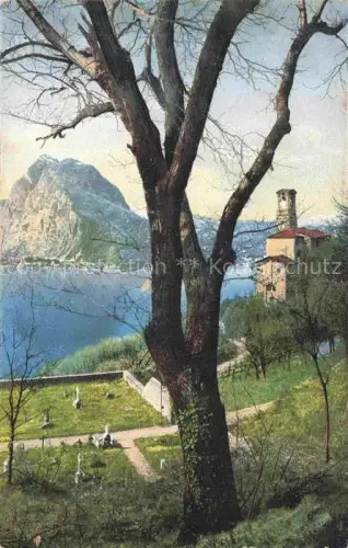 AK / Ansichtskarte Castagnola Lago di Lugano Castagnola Chiesa Lago-di-Lugano Friedhof Baum Kirchturm Monte-San-Salvatore See