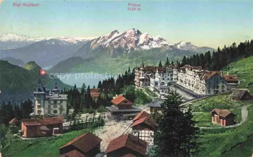 AK / Ansichtskarte RIGI-Kaltbad LU Pilatus Hotels Schweizer-Fahne Vierwaldstaettersee Bergdorf Tannenwald Zahnradbahn