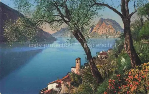 AK / Ansichtskarte Gandria Lago di Lugano TI Lago-di-Lugano Monte-San-Salvatore Kirchturm Berge Seeufer Baeume Blumen